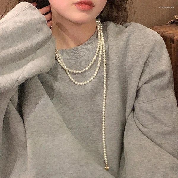 Anhänger Halsketten Retro Elegante Imitation Perlen Halskette Frauen exquisite mehrschichtige O-Kette Perle Long Clavicilic Kettengeschenke