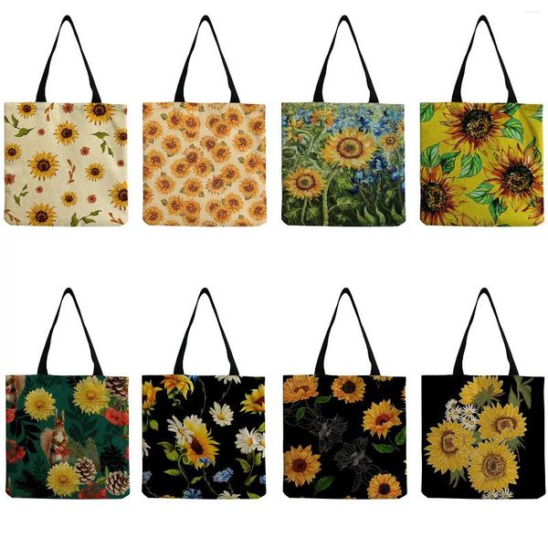 Bolsas de noite bolsas de impressão de girassol preto para mulheres plantas de compras dobráveis ​​Bolsa floral armazenamento de grande capacidade Viagem ombro