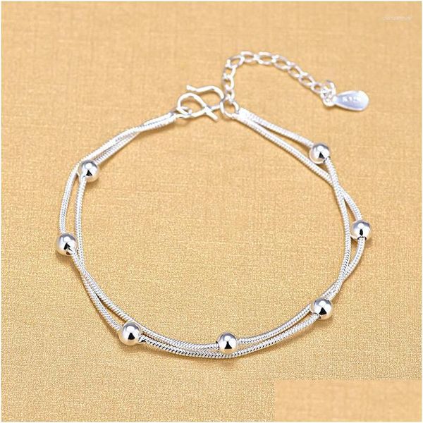 Bracelets de link de cadeia S925 SIER PLACA DUPLA CAINE CHARM CHARM ROUNO CHARM CHABELETA PARA MULHERS GIRLS DE CASAMENTO DE BRINOS DELI