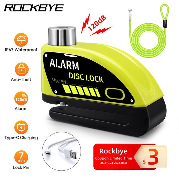 RockBye Motorrad-Lade-Scheibenbrems-Alarmschloss E-Bike Anti-Diebes 120 dB Sound Alarm IP67 wasserdichtes Radsportzubehör 231221