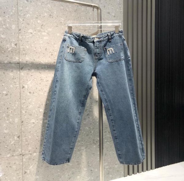 2023 Дизайнерские джинсы Женщины 039s Новый Мидхваист прямой джинсы джинсы Jeans Lotus Leaf Leaf Leg Письмо