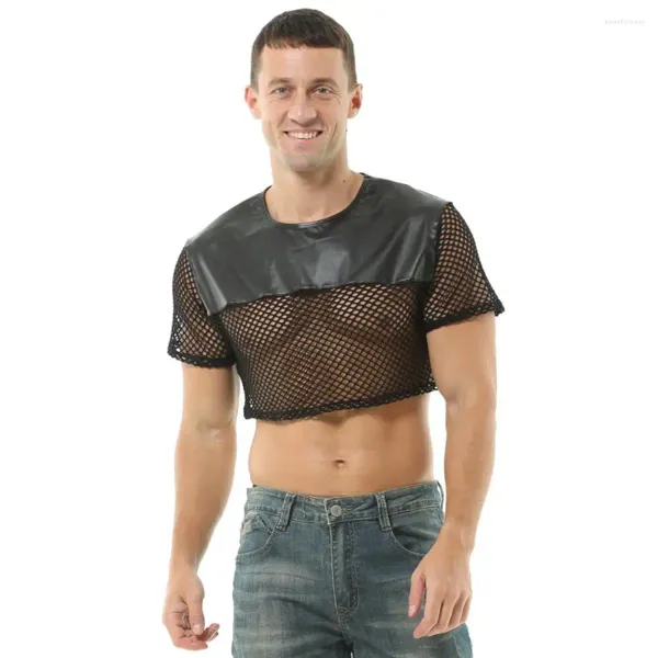 Herren T-Shirts Sexy Mesh transparent T-Shirt Kurzarm Fishnet Nachahmungsleder Modekleidung T-Shirts Uns-Shirts