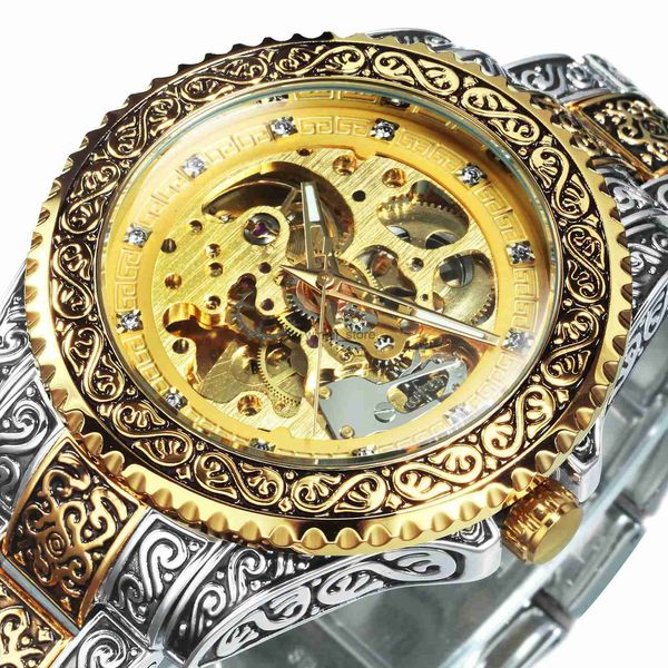 Outros relógios vencedores Gold Skeleton Mechanical Watch Men Automatic Vintage Royal Fashion Fashion Gravado AUTO RESPOSTA TOP Brand Luxury Crystall231220