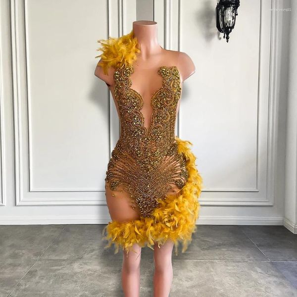 Partykleider sexy durchsichtigen durch bloße Mesh Geburtstag formelle Kleider funkelnd Luxus Gold Diamond Black Girls Feather Short Prom 2023