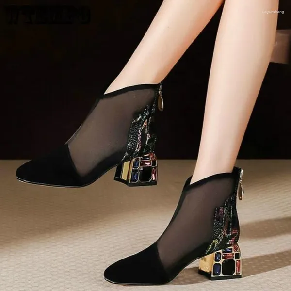 Scarpe vestito Wtempo Summer Ladies Hollow Mesh Stivali corti High-Match Rhinestone Sandals spessa Droping all'ingrosso