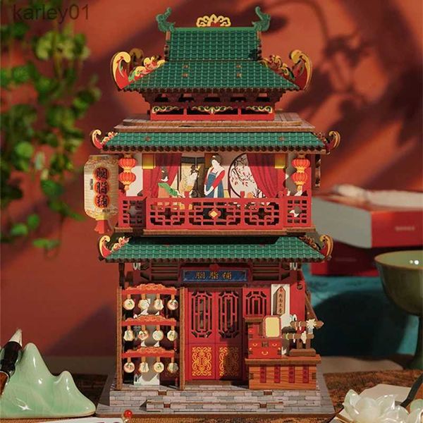 3D Buzzles DIY Деревянные модельные наборы для здания модели китайский древний магазин косметики Индуктивный ящик для хранения 3D -загадка для взрослых подарки YQ231222
