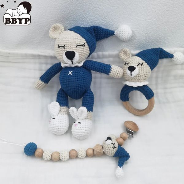 1 conjunto Diy Crochet Bear Baby Teether Born Bunny Rattle Toy Toy de madeira Anel de dentição Anel de chupeta Clipes Coisas de corrente 231221