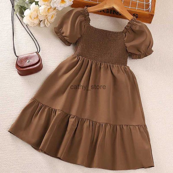 Vestidos de menina vestido de verão bebê menina fofa bolha de manga quadrada colarinho princesa saia sólida cor de cor de panorama casual vestido casual