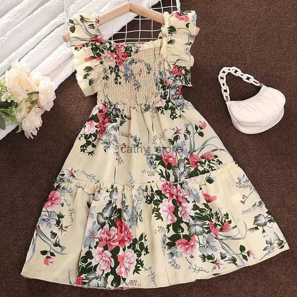 Vestidos de menina Summer Girl da saia longa da saia de poliéster Suspender Suspender Sleesess Lace Play Smocking A-Line Print Dress Pleated Comfortablel231222