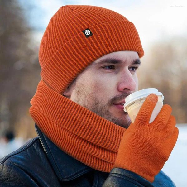 Boinas de 3 peças para homens e mulheres chapéu de inverno luva de cachecol listrado quente não deslizamento na cabeça do pescoço guarda de mão ao ar livre ciclismo