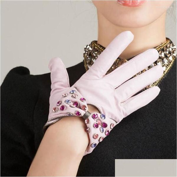 Fünf Finger Handschuhe hochwertige Farbdiamantwesen Wirklich Leder kurzer Mode warmer Import Schaffell Guantes Drop Lieferung DHAQ2
