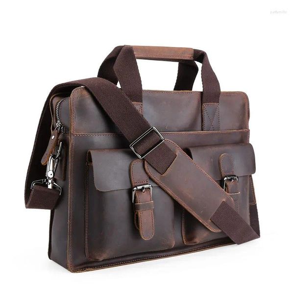 Borda de pasta Retro Men's Office Genuine Leather Business Document Bags Bolsa Messenger Bolsa de Messenger 14 '' Armazenamento de laptop