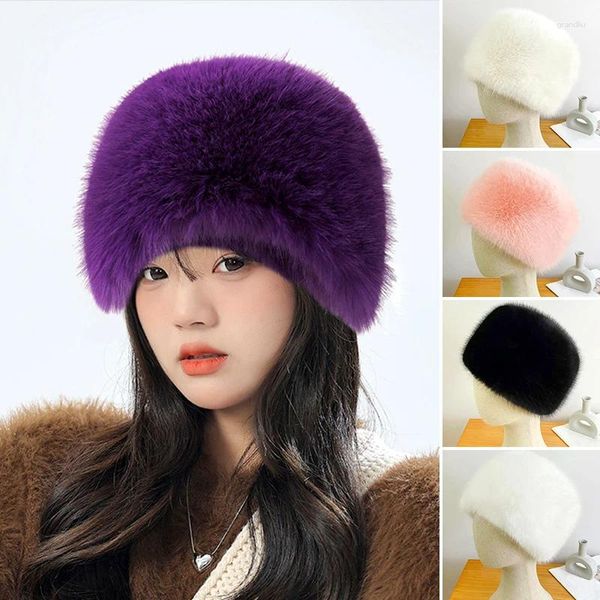 Beretti Donne soffice Cappello in finta pelliccia inverno Cappelli caldi addensati di colore solido in stile russo Pelude a orecchie di protezione auricolare