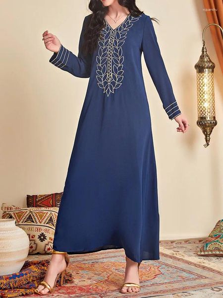 Vestidos étnicos bordados muçulmanos vestido de noite solto mulheres vintage abaya mangas longas casuais vestidos de decote azul