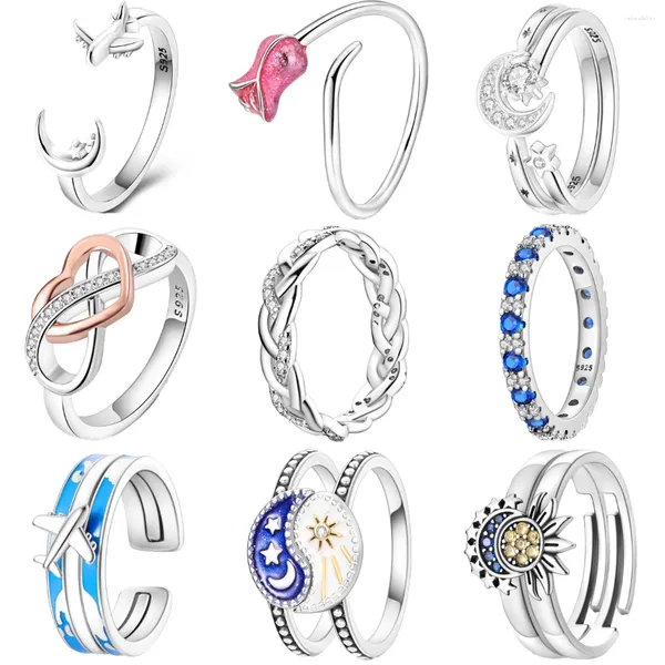 Rings de cluster autênticos 925 Sterling Silver Aircraft Moon Sun Love Sparkling for Women Anniversary de Joias de Engajamento