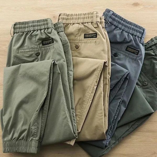 Calça masculina calça casual de fitness para homens bolsos de vários bolsos elásticos cinto elástico de cordão fino