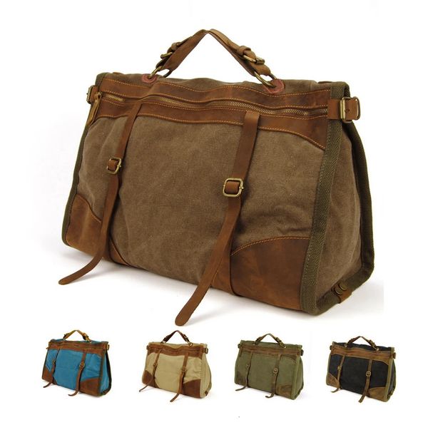 Vintage Retro Military Canvas Leder -Männer Reisen Taschen Gepäck Wochenendtasche Übernacht