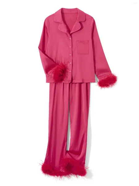 Frauen Nachtwäsche Wsevypo Red Pyjama Sets Herbst Winterpatchwork Ledermanschette Langarmknopf Down Tops Elastic Taille Hosen