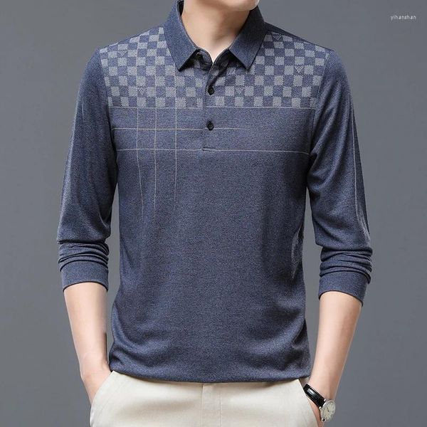 Herren T-Shirts Browon Business Casual Men Fashion Plaid Print Long Sleeve T-Shirt für 2023 Frühlings- und Herbst-Turn-Down-Tops