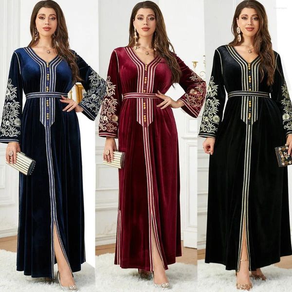 Sıradan Elbiseler Fas Velvet Elbise Türkiye Kaftan Cobe Etnik Ramazan Abaya Elbise Kadınlar Sonbahar Kış Sıcak Giysileri