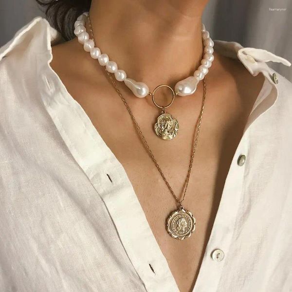 Anhänger Halskette Multi -Layer Retro Stereoskopische Halskette weibliche Persönlichkeit profilierte Perle Reliefkopfmünze Großhandel Großhandel