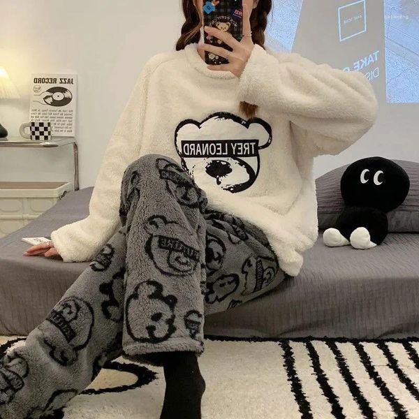 Frauen Nachtwäsche Winter warmer Cartoon Bär Pyjama Sets für Frauen Dicke Flanell Homewear Girls Flauschige süße Hosen Y2K FONAH