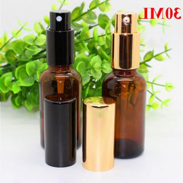 Atacado 330pcs/lote vazio 30 ml âmbar refilável garrafa de óleo de spray de vidro para perfume embalagens de cosméticos com anaw de ouro Blal