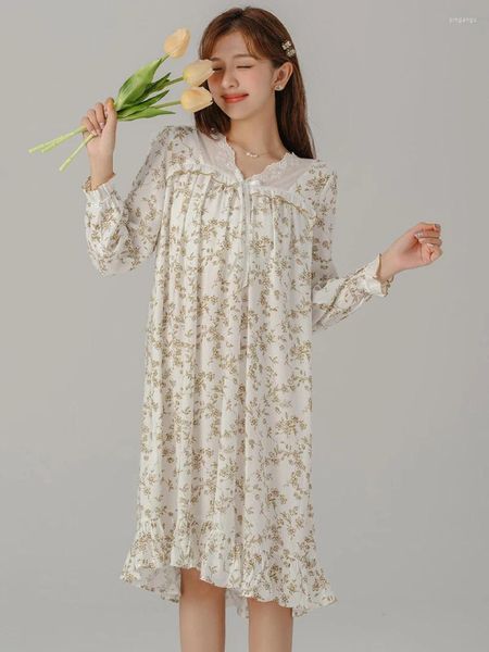 Женская одежда для сна Женщины корейская викторианская пижама весна сладкие девушки с оборками припечаток v-образный с длинными рукавами Винтаж принцесса хлопковая ночная рубашка