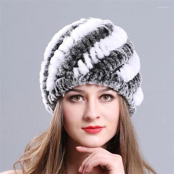 Beret Frauen Winter warm warm echte Rex Fellhut Schneekappe Hüte für Mädchen stricken Schädel