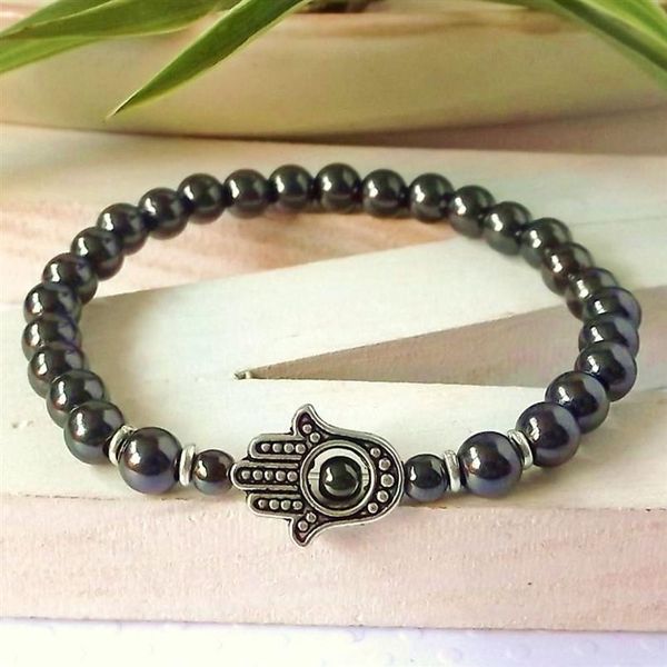 SN0302 Bracelete de pedra da moda Hamsa Hematite Bracelet Man's Pesado Bacelet Hand Bracelet Presente de Natal para homens 328s