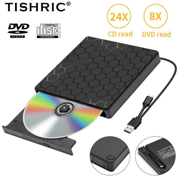 Tisric External CD DVD RW Optical Drive USB 3.0 Typ C Reader Player DVD -Autor Super -Laufwerk für Laptop Desktop PC 231221