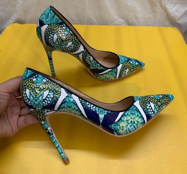 Женщины моды накачивают зеленую змею Python Pynted Point Point High High Heels Shoes Syletto насосы на каблуках Real PO Brand 12 см 10CM4883815