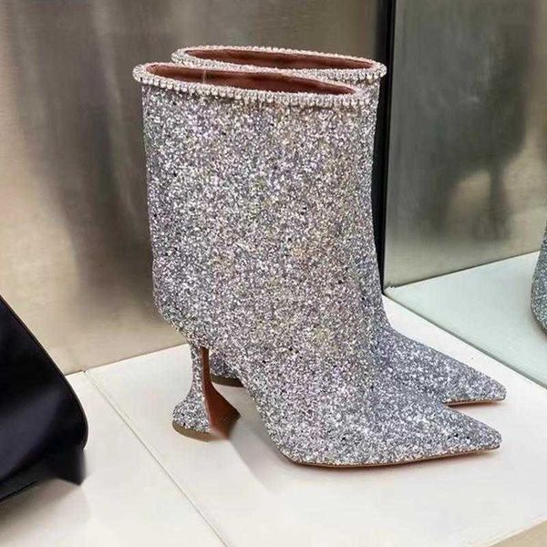 Stiefel Modedesign spitzer Weinglas mit superhochstarken Strassketten Kette Großgröße Knöchel Frauenschuhe