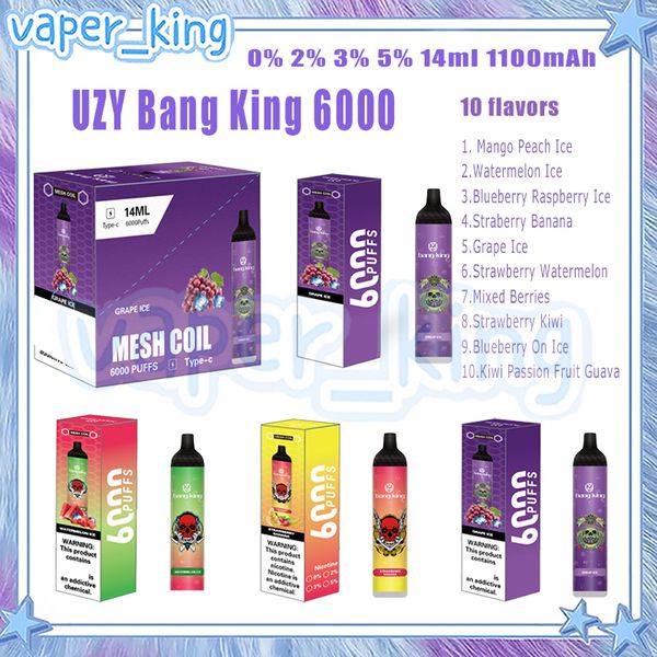 UZY Bang King 6000 Puff Одноразовая электронная сигарета с сетчатой катушкой 14 мл Стручок 1100 мАч Аккумулятор Электронные сигареты Затяжки 6K 0% 2% 3% 5% 10 вкусов Vape Pen Набор для быстрой доставки