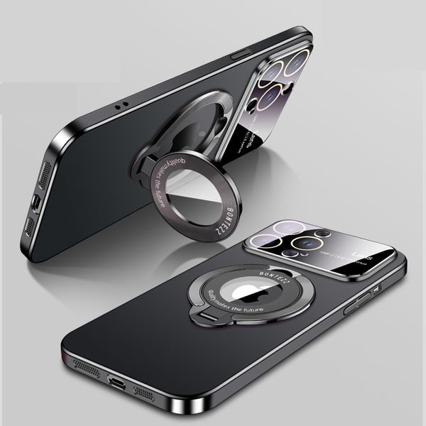 Brilho de proteção contra lentes de vidro de câmera grande Hole Slim Matte PC invisível suporte de anel de anel magnético para casos de magsafe capa à prova de choque para iPhone 15 14 13 12 11 Pro Max