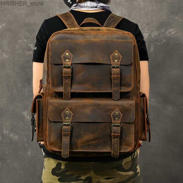 Outdoor -Taschen Vintage Crazy Horse Echtes Leder -Rucksack Männer Beutel Kuhwanderung Rucksack 17 -Zoll