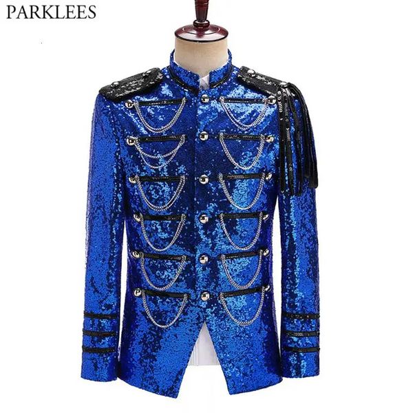 Royal azul lantejoula embelezada Militar Blazer Jacket Men Stage Party Prom Mens Tuxedo Tux Singer Show DJ Costume Homme 231221