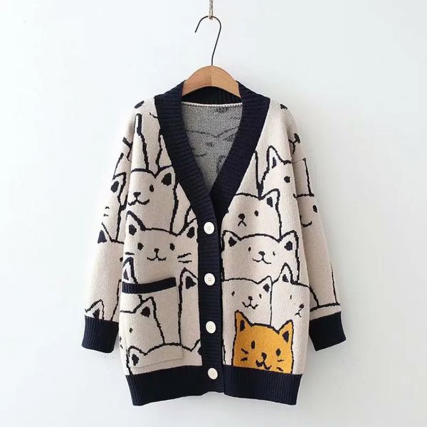 Donne Jacquard Cat Codigan sciolto 2023 Inverno autunnale in coreano top maglione in maglieria con motivi di cartone animato tascabile 231221