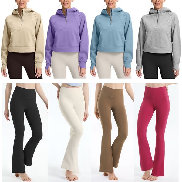 Tozluk Flare Yarım Zip Polar Tasarımcı Hoodies Sweatshirt Cepleri ile Başparmak Deliği Kadın Yoga Teşhal 2023 Yoga Pantolonlar Lu Hizalama Taytlar Kadın Şort Pantolon