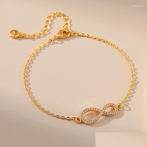 Braccialetti collegamenti a catena semplici donne in metallo sottile a catena sottile in oro 18k con zirconia cubica bianca numero 8 zircone scintillante gioiello dh2op