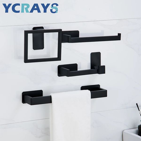 Ycrays Black No Bohrbad Hardware Sets Toilettenpapierhalter Handtuch Rack Bar Bail Robe Haken für Badezimmerprodukte Zubehör 231222