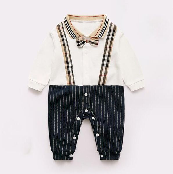 Bahar Sonbahar Bebek Erkekler Ekose Saldıranlar Beyefendi Tarzı Yenidoğan Uzun Kollu Tulumlar Bowknot Toddler Oneies Bebek Giysileri Bebekler Romper