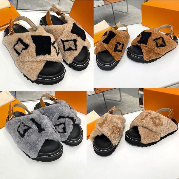 Paseo Düz Konforlu Sandalet Sonbahar Kış Sandalet Kürk Sandal Çorap Shearling Entegre Sandal Düz Sandal Anti Slip Sole Mektup Sandalet 35 42