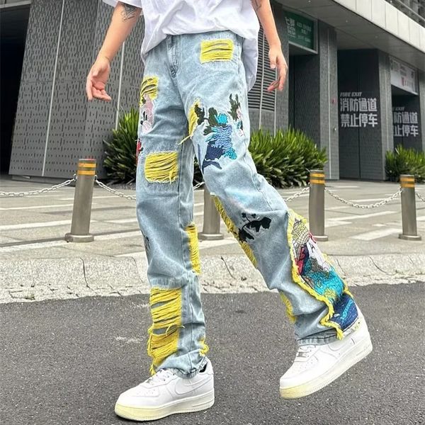 Y2K Europe America Sokak Giyim Yürürümlü Yırtık Bol Kot Pantolon Erkek Giyim Giyim Grafik Nakış Hip Hop Kot Pantolon Pantalons 231222