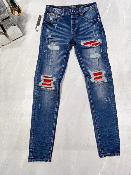 Herren Jeans Winter lange Hosen für Mann Männliche Denimhose Loch Spritzer -Lack -Aufkleber Elastizitätsabzeichen