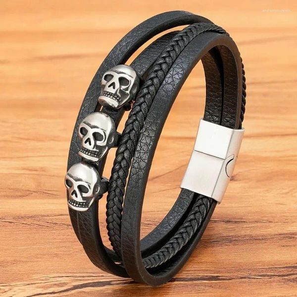 Pulseiras de charme xqni pulseira multi-camada em aço inoxidável de aço magnético Magneto de couro trançado punk skull banglles jóias acessórios