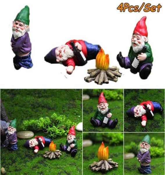 4 pezzi di fata giardino gnomi ubriachi Ornamenti in miniatura set mini statue di falò nano per fioriere accessori per decorazioni di fiori 2109084098573