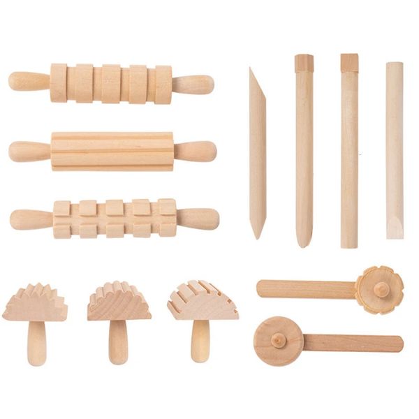 Kinder Küchenspiel -Set Plasticine Accessoire DIY Slime Teig Holzwerkzeuge Roller Stempel Rolling Pin Löffel vor, 231221 231221