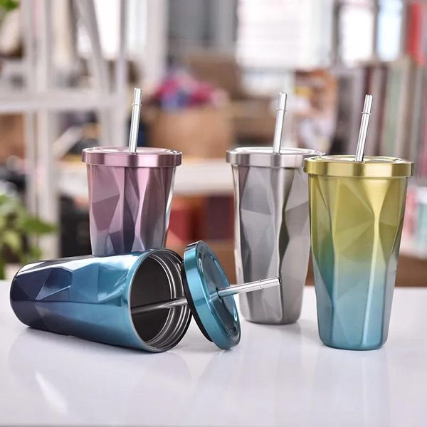 Tumbler 500 ml Gradienten Diamant Edelstahl Kaffeetasse mit Deckel mit Strohkaffeetasse Doppelmauerte Tumbler Stroh Tasse Reise C.