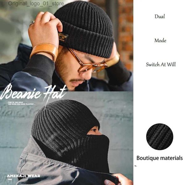 Mütze/Schädelkappen 2024 Neu 2 in 1 Maske Beanies Männer Winter Balaclava Hat Face Shield Ski Bonnet Taktische Zyklus Ohrscherner Kappe Strickkopfbedeckung Q231222